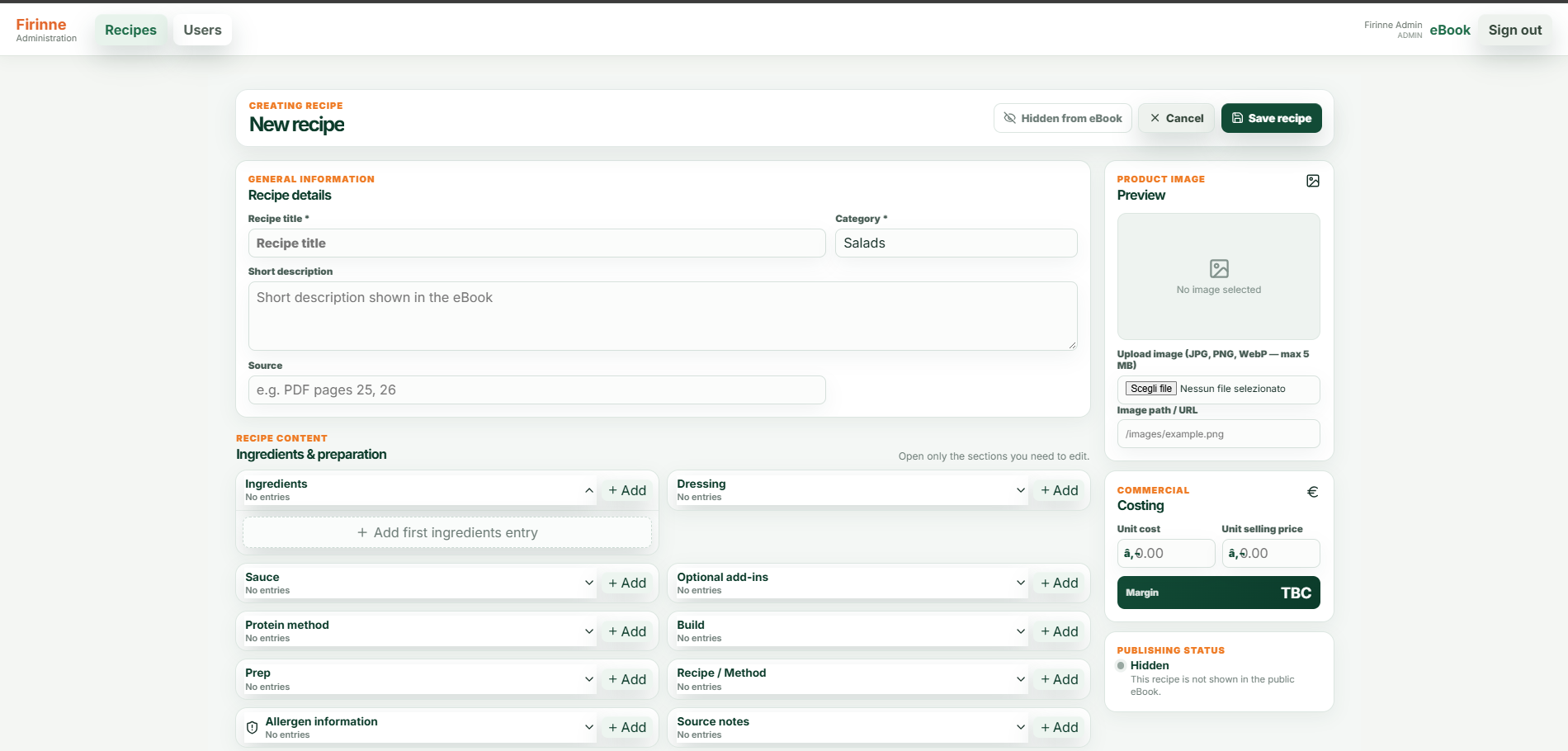 Firinne recipe editor